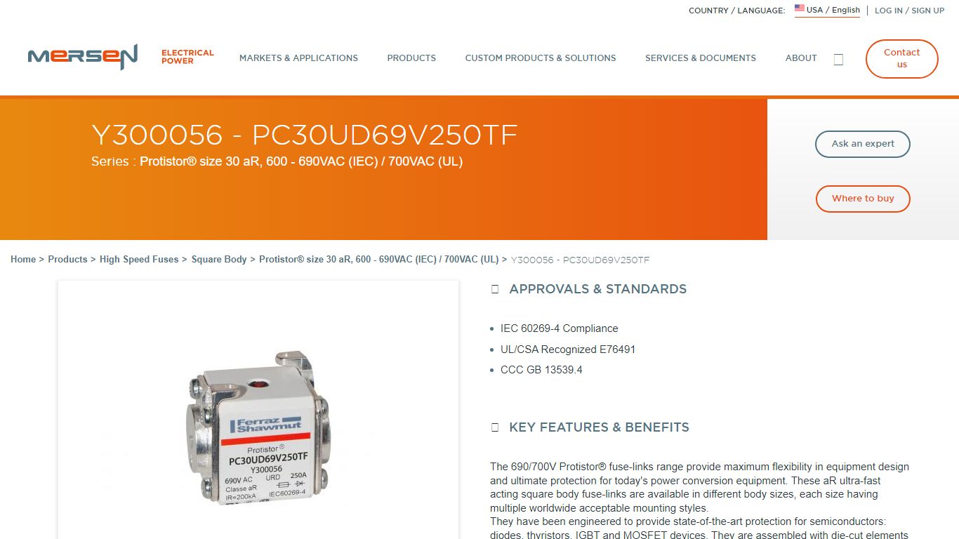 Y300056 - PC30UD69V250TF | Mersen Electrical Power: Fuses, Surge ...